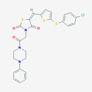 molecular formula C26H22ClN3O3S3 B424248 (5E)-5-({5-[(4-chlorophenyl)sulfanyl]thiophen-2-yl}methylidene)-3-[2-oxo-2-(4-phenylpiperazin-1-yl)ethyl]-1,3-thiazolidine-2,4-dione 