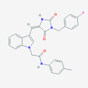 molecular formula C28H23FN4O3 B424250 2-[3-[(E)-[1-[(4-fluorophenyl)methyl]-2,5-dioxoimidazolidin-4-ylidene]methyl]indol-1-yl]-N-(4-methylphenyl)acetamide 