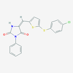 molecular formula C20H13ClN2O2S2 B424258 5-({5-[(4-Chlorophenyl)sulfanyl]thien-2-yl}methylene)-3-phenylimidazolidine-2,4-dione 