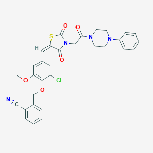 2-({2-chloro-4-[(E)-{2,4-dioxo-3-[2-oxo-2-(4-phenylpiperazin-1-yl)ethyl]-1,3-thiazolidin-5-ylidene}methyl]-6-methoxyphenoxy}methyl)benzonitrile