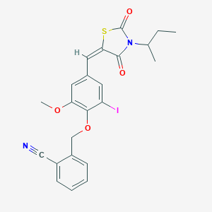 molecular formula C23H21IN2O4S B424271 2-[(4-{(E)-[3-(butan-2-yl)-2,4-dioxo-1,3-thiazolidin-5-ylidene]methyl}-2-iodo-6-methoxyphenoxy)methyl]benzonitrile 