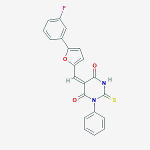 molecular formula C21H13FN2O3S B424277 (5E)-5-{[5-(3-fluorophenyl)furan-2-yl]methylidene}-1-phenyl-2-thioxodihydropyrimidine-4,6(1H,5H)-dione 