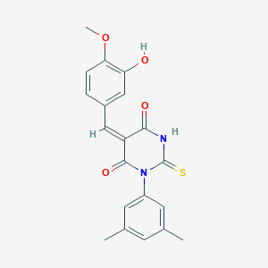 molecular formula C20H18N2O4S B424278 (5E)-1-(3,5-dimethylphenyl)-5-(3-hydroxy-4-methoxybenzylidene)-2-thioxodihydropyrimidine-4,6(1H,5H)-dione 