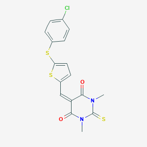molecular formula C17H13ClN2O2S3 B424285 5-({5-[(4-chlorophenyl)sulfanyl]thiophen-2-yl}methylidene)-1,3-dimethyl-2-thioxodihydropyrimidine-4,6(1H,5H)-dione 