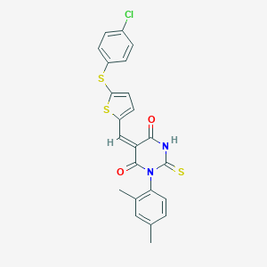 molecular formula C23H17ClN2O2S3 B424287 (5E)-5-({5-[(4-chlorophenyl)sulfanyl]thiophen-2-yl}methylidene)-1-(2,4-dimethylphenyl)-2-thioxodihydropyrimidine-4,6(1H,5H)-dione 