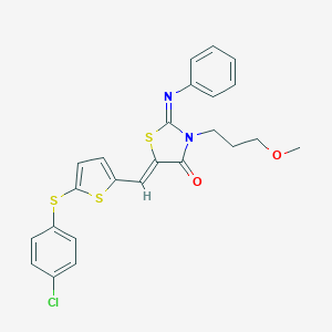 molecular formula C24H21ClN2O2S3 B424289 5-({5-[(4-Chlorophenyl)sulfanyl]thien-2-yl}methylene)-3-(3-methoxypropyl)-2-(phenylimino)-1,3-thiazolidin-4-one 