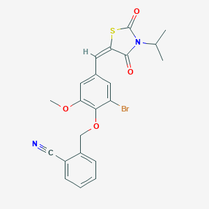 molecular formula C22H19BrN2O4S B424292 2-[(2-bromo-4-{(E)-[2,4-dioxo-3-(propan-2-yl)-1,3-thiazolidin-5-ylidene]methyl}-6-methoxyphenoxy)methyl]benzonitrile 
