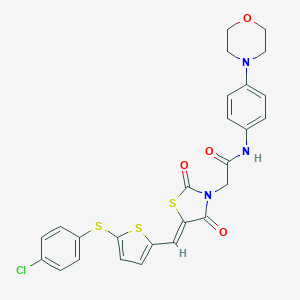 molecular formula C26H22ClN3O4S3 B424295 2-[(5Z)-5-({5-[(4-chlorophenyl)sulfanyl]thiophen-2-yl}methylidene)-2,4-dioxo-1,3-thiazolidin-3-yl]-N-[4-(morpholin-4-yl)phenyl]acetamide 