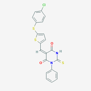 molecular formula C21H13ClN2O2S3 B424298 (5E)-5-({5-[(4-chlorophenyl)sulfanyl]thiophen-2-yl}methylidene)-1-phenyl-2-thioxodihydropyrimidine-4,6(1H,5H)-dione 