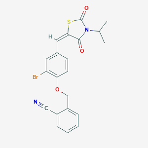 molecular formula C21H17BrN2O3S B424299 2-[(2-bromo-4-{(E)-[2,4-dioxo-3-(propan-2-yl)-1,3-thiazolidin-5-ylidene]methyl}phenoxy)methyl]benzonitrile 