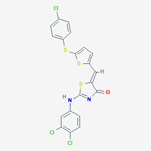 molecular formula C20H11Cl3N2OS3 B424302 (5Z)-5-[[5-(4-chlorophenyl)sulfanylthiophen-2-yl]methylidene]-2-(3,4-dichloroanilino)-1,3-thiazol-4-one 