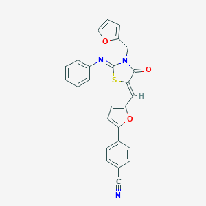 molecular formula C26H17N3O3S B424325 4-(5-{(Z)-[(2Z)-3-(furan-2-ylmethyl)-4-oxo-2-(phenylimino)-1,3-thiazolidin-5-ylidene]methyl}furan-2-yl)benzonitrile 