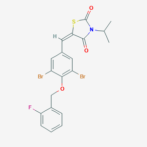 molecular formula C20H16Br2FNO3S B424330 5-{3,5-Dibromo-4-[(2-fluorobenzyl)oxy]benzylidene}-3-isopropyl-1,3-thiazolidine-2,4-dione 