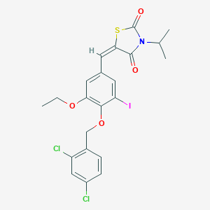 molecular formula C22H20Cl2INO4S B424331 (5E)-5-{4-[(2,4-dichlorobenzyl)oxy]-3-ethoxy-5-iodobenzylidene}-3-(propan-2-yl)-1,3-thiazolidine-2,4-dione 