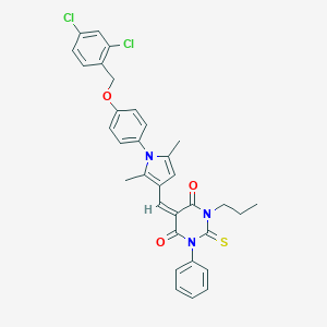 molecular formula C33H29Cl2N3O3S B424336 5-[(1-{4-[(2,4-dichlorobenzyl)oxy]phenyl}-2,5-dimethyl-1H-pyrrol-3-yl)methylene]-1-phenyl-3-propyl-2-thioxodihydropyrimidine-4,6(1H,5H)-dione 