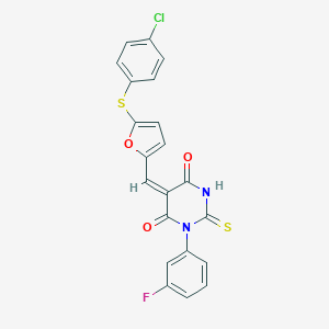 molecular formula C21H12ClFN2O3S2 B424347 (5E)-5-({5-[(4-chlorophenyl)sulfanyl]furan-2-yl}methylidene)-1-(3-fluorophenyl)-2-thioxodihydropyrimidine-4,6(1H,5H)-dione 