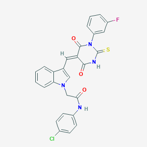 molecular formula C27H18ClFN4O3S B424349 N-(4-chlorophenyl)-2-(3-{(E)-[1-(3-fluorophenyl)-4,6-dioxo-2-thioxotetrahydropyrimidin-5(2H)-ylidene]methyl}-1H-indol-1-yl)acetamide 