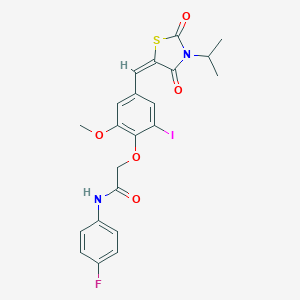 molecular formula C22H20FIN2O5S B424350 N-(4-fluorophenyl)-2-{2-iodo-4-[(3-isopropyl-2,4-dioxo-1,3-thiazolidin-5-ylidene)methyl]-6-methoxyphenoxy}acetamide 