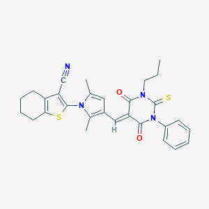molecular formula C29H28N4O2S2 B424354 2-{3-[(4,6-dioxo-1-phenyl-3-propyl-2-thioxotetrahydro-5(2H)-pyrimidinylidene)methyl]-2,5-dimethyl-1H-pyrrol-1-yl}-4,5,6,7-tetrahydro-1-benzothiophene-3-carbonitrile 