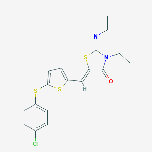molecular formula C18H17ClN2OS3 B424358 5-({5-[(4-Chlorophenyl)sulfanyl]thien-2-yl}methylene)-3-ethyl-2-(ethylimino)-1,3-thiazolidin-4-one 