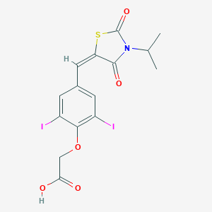 molecular formula C15H13I2NO5S B424363 (4-{(E)-[2,4-dioxo-3-(propan-2-yl)-1,3-thiazolidin-5-ylidene]methyl}-2,6-diiodophenoxy)acetic acid 
