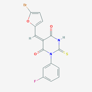 molecular formula C15H8BrFN2O3S B424366 (5E)-5-[(5-bromofuran-2-yl)methylidene]-1-(3-fluorophenyl)-2-thioxodihydropyrimidine-4,6(1H,5H)-dione 