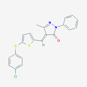 molecular formula C21H15ClN2OS2 B424367 (4E)-4-[[5-(4-chlorophenyl)sulfanylthiophen-2-yl]methylidene]-5-methyl-2-phenylpyrazol-3-one 