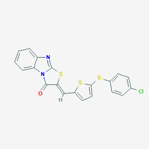 molecular formula C20H11ClN2OS3 B424368 (2Z)-2-({5-[(4-chlorophenyl)sulfanyl]thiophen-2-yl}methylidene)[1,3]thiazolo[3,2-a]benzimidazol-3(2H)-one 