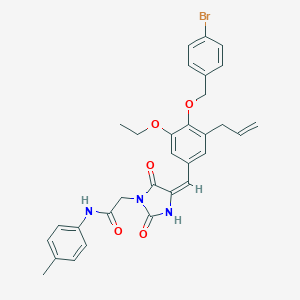 molecular formula C31H30BrN3O5 B424373 2-[(4E)-4-{4-[(4-bromobenzyl)oxy]-3-ethoxy-5-(prop-2-en-1-yl)benzylidene}-2,5-dioxoimidazolidin-1-yl]-N-(4-methylphenyl)acetamide 