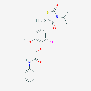 molecular formula C22H21IN2O5S B424374 2-{2-iodo-4-[(3-isopropyl-2,4-dioxo-1,3-thiazolidin-5-ylidene)methyl]-6-methoxyphenoxy}-N-phenylacetamide 