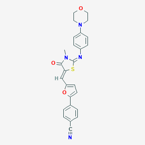 molecular formula C26H22N4O3S B424376 4-[5-({3-Methyl-2-[(4-morpholin-4-ylphenyl)imino]-4-oxo-1,3-thiazolidin-5-ylidene}methyl)-2-furyl]benzonitrile 