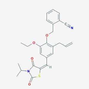 molecular formula C26H26N2O4S B424381 2-{[4-{(E)-[2,4-dioxo-3-(propan-2-yl)-1,3-thiazolidin-5-ylidene]methyl}-2-ethoxy-6-(prop-2-en-1-yl)phenoxy]methyl}benzonitrile 