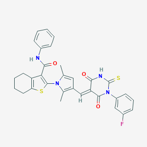 molecular formula C32H27FN4O3S2 B424385 2-{3-[(1-(3-fluorophenyl)-4,6-dioxo-2-thioxotetrahydro-5(2H)-pyrimidinylidene)methyl]-2,5-dimethyl-1H-pyrrol-1-yl}-N-phenyl-4,5,6,7-tetrahydro-1-benzothiophene-3-carboxamide 