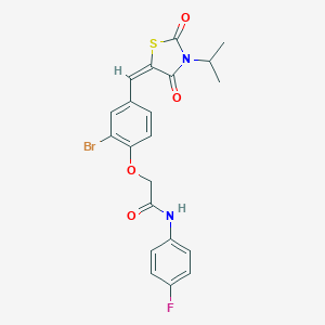 molecular formula C21H18BrFN2O4S B424386 2-{2-bromo-4-[(3-isopropyl-2,4-dioxo-1,3-thiazolidin-5-ylidene)methyl]phenoxy}-N-(4-fluorophenyl)acetamide 