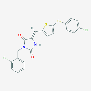 molecular formula C21H14Cl2N2O2S2 B424389 (5Z)-3-(2-chlorobenzyl)-5-({5-[(4-chlorophenyl)sulfanyl]thiophen-2-yl}methylidene)imidazolidine-2,4-dione 