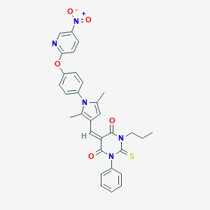 (5E)-5-[(2,5-dimethyl-1-{4-[(5-nitropyridin-2-yl)oxy]phenyl}-1H-pyrrol-3-yl)methylidene]-1-phenyl-3-propyl-2-thioxodihydropyrimidine-4,6(1H,5H)-dione