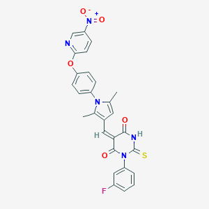 molecular formula C28H20FN5O5S B424395 (5E)-5-[(2,5-dimethyl-1-{4-[(5-nitropyridin-2-yl)oxy]phenyl}-1H-pyrrol-3-yl)methylidene]-1-(3-fluorophenyl)-2-thioxodihydropyrimidine-4,6(1H,5H)-dione 