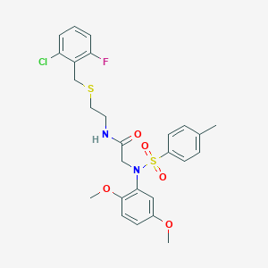 molecular formula C26H28ClFN2O5S2 B424423 N-{2-[(2-chloro-6-fluorobenzyl)sulfanyl]ethyl}-2-{2,5-dimethoxy[(4-methylphenyl)sulfonyl]anilino}acetamide 