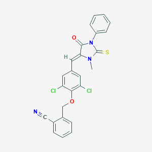 molecular formula C25H17Cl2N3O2S B424431 2-({2,6-Dichloro-4-[(3-methyl-5-oxo-1-phenyl-2-thioxoimidazolidin-4-ylidene)methyl]phenoxy}methyl)benzonitrile 