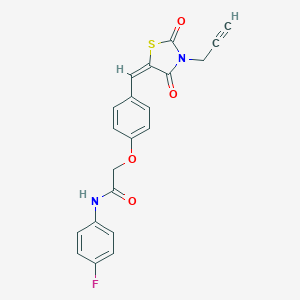 molecular formula C21H15FN2O4S B424484 2-(4-{(E)-[2,4-dioxo-3-(prop-2-yn-1-yl)-1,3-thiazolidin-5-ylidene]methyl}phenoxy)-N-(4-fluorophenyl)acetamide 