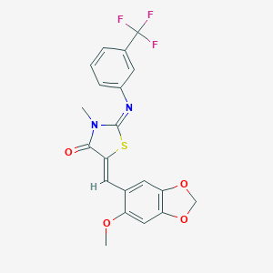 molecular formula C20H15F3N2O4S B424507 5-[(6-Methoxy-1,3-benzodioxol-5-yl)methylene]-3-methyl-2-{[3-(trifluoromethyl)phenyl]imino}-1,3-thiazolidin-4-one 