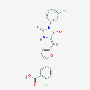 molecular formula C21H12Cl2N2O5 B424572 2-chloro-5-(5-{(Z)-[1-(3-chlorophenyl)-2,5-dioxoimidazolidin-4-ylidene]methyl}furan-2-yl)benzoic acid 