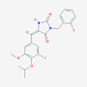molecular formula C21H20FIN2O4 B424636 (5E)-3-(2-fluorobenzyl)-5-[3-iodo-5-methoxy-4-(propan-2-yloxy)benzylidene]imidazolidine-2,4-dione 