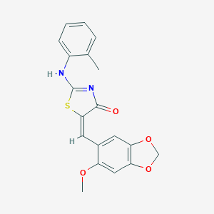 molecular formula C19H16N2O4S B424637 (5E)-5-[(6-methoxy-1,3-benzodioxol-5-yl)methylidene]-2-(2-methylanilino)-1,3-thiazol-4-one 