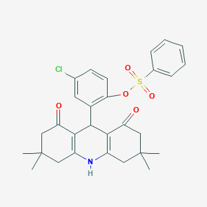 molecular formula C29H30ClNO5S B424640 4-Chloro-2-(3,3,6,6-tetramethyl-1,8-dioxo-1,2,3,4,5,6,7,8,9,10-decahydro-9-acridinyl)phenyl benzenesulfonate 