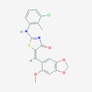 molecular formula C19H15ClN2O4S B424643 (5E)-2-(3-chloro-2-methylanilino)-5-[(6-methoxy-1,3-benzodioxol-5-yl)methylidene]-1,3-thiazol-4-one 