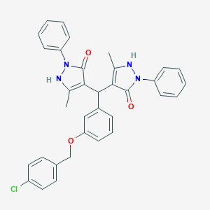 molecular formula C34H29ClN4O3 B424648 4-[{3-[(4-chlorobenzyl)oxy]phenyl}(5-hydroxy-3-methyl-1-phenyl-1H-pyrazol-4-yl)methyl]-3-methyl-1-phenyl-1H-pyrazol-5-ol 