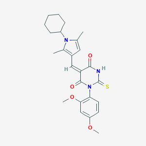 molecular formula C25H29N3O4S B424653 5-[(1-cyclohexyl-2,5-dimethyl-1H-pyrrol-3-yl)methylene]-1-(2,4-dimethoxyphenyl)-2-thioxodihydro-4,6(1H,5H)-pyrimidinedione 
