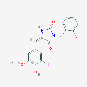 molecular formula C19H16FIN2O4 B424667 5-(3-Ethoxy-4-hydroxy-5-iodobenzylidene)-3-(2-fluorobenzyl)-2,4-imidazolidinedione 