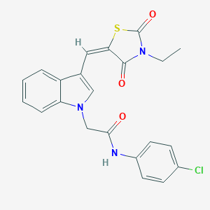 molecular formula C22H18ClN3O3S B424669 N-(4-chlorophenyl)-2-{3-[(E)-(3-ethyl-2,4-dioxo-1,3-thiazolidin-5-ylidene)methyl]-1H-indol-1-yl}acetamide 